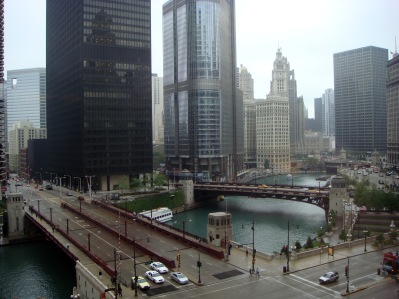 View of Chicago River, Trump Tower, Chicago Tribune Building